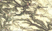 Vesnice na rozmez Kokonska a Jizersk tabule na map II. vojenskho mapovn
